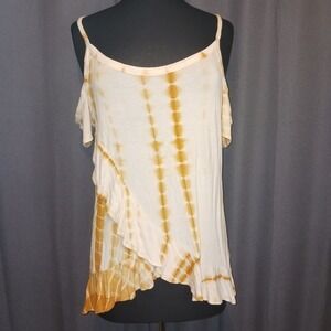 Shop Basic Y2k Boho Mustard Yellow Tie Dye Cold Shoulder Ruffle‎ Top Large